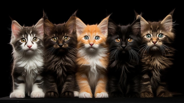 Un gruppo di sei gattini di gatto Maine Coon multicolori guardano tutti dritti all'obiettivo