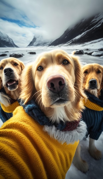 Un gruppo di simpatici cani golden retriever che indossano un maglione per cani AI generativo