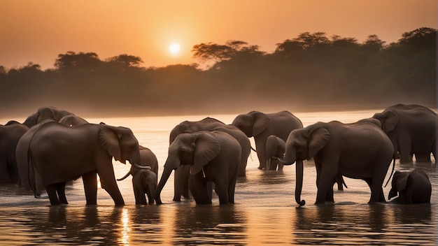 Un gruppo di simpatici elefanti nel bellissimo lago nella giungla