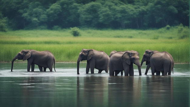 Un gruppo di simpatici elefanti nel bellissimo lago nella giungla