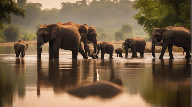 Un gruppo di simpatici elefanti nel bellissimo lago nella giungla