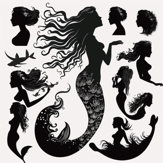 un gruppo di sirene silhouettes con capelli lunghi e fiori generativo ai