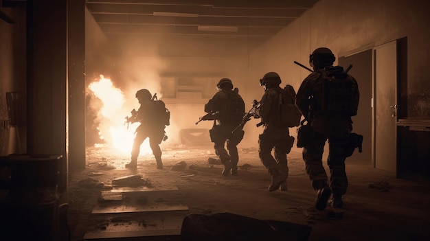Un gruppo di soldati che attraversano un edificio in fiamme cercando di farlo