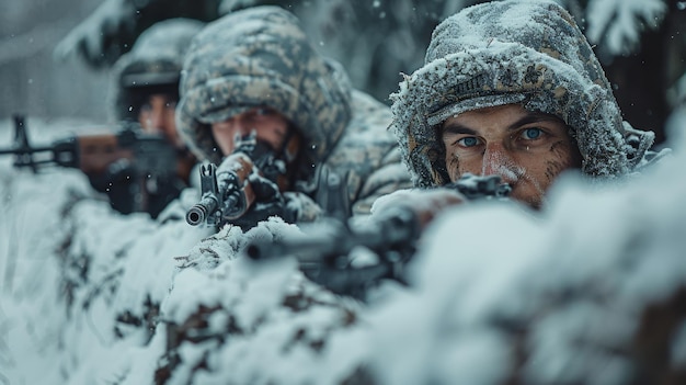 Un gruppo di soldati con armi in una trincea in posizione di combattimento durante una missione di combattimenti in inverno
