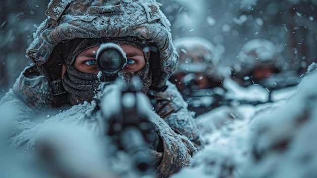 Un gruppo di soldati con armi in una trincea in posizione di combattimento durante una missione di combattimenti in inverno