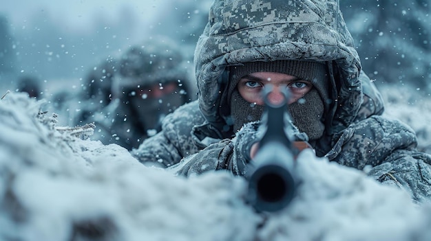 Un gruppo di soldati con armi in una trincea in posizione di combattimento durante una missione di combattimenti in inverno