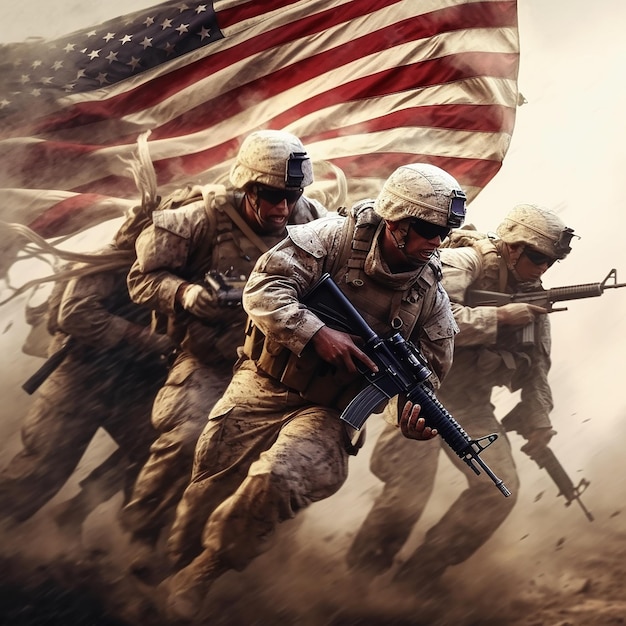 un gruppo di soldati con una bandiera americana sullo sfondo.