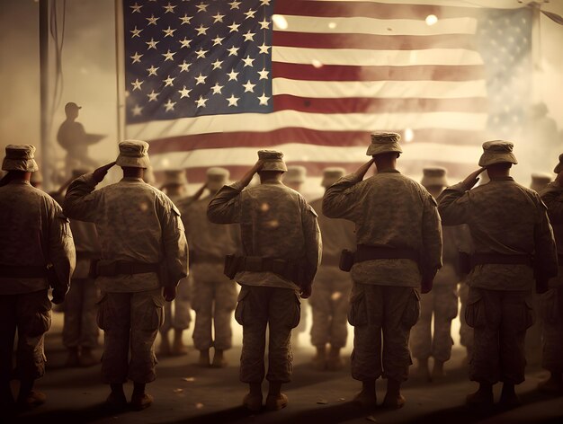 un gruppo di soldati degli Stati Uniti che salutano la bandiera americana