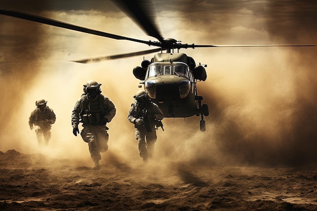 Un gruppo di soldati delle forze speciali corre verso la telecamera davanti a un elicottero nella polvere di sabbia
