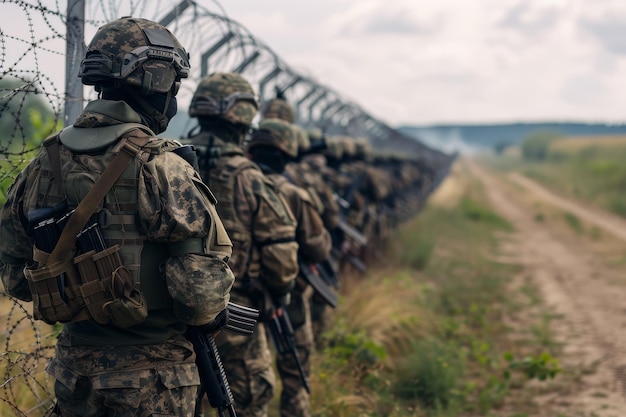 Un gruppo di soldati in fila, alcuni dei quali indossano caschi.