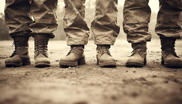 Un gruppo di soldati in piedi davanti a uno sfondo marrone.