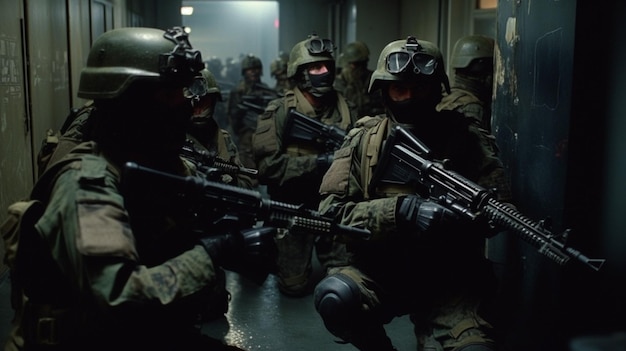Un gruppo di soldati in un edificio con la scritta esercito sul davanti.