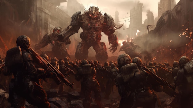 Un gruppo di soldati scifi in una battaglia con alieni cyborg futuristici Concetto di fantasia Illustrazione pittura