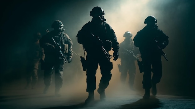 Un gruppo di soldati si staglia su uno sfondo scuro.