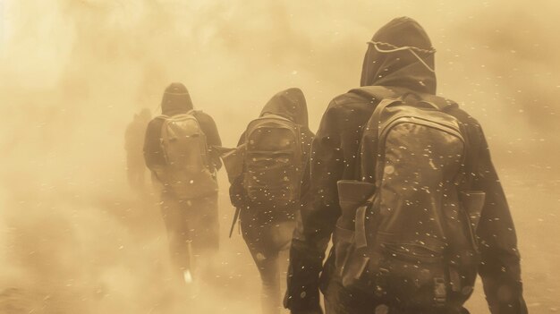 Un gruppo di sopravvissuti i loro volti oscurati da maschere di polvere fanno la loro strada attraverso i venti duri e