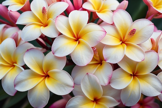 Un gruppo di splendidi fiori di frangipani in giardino