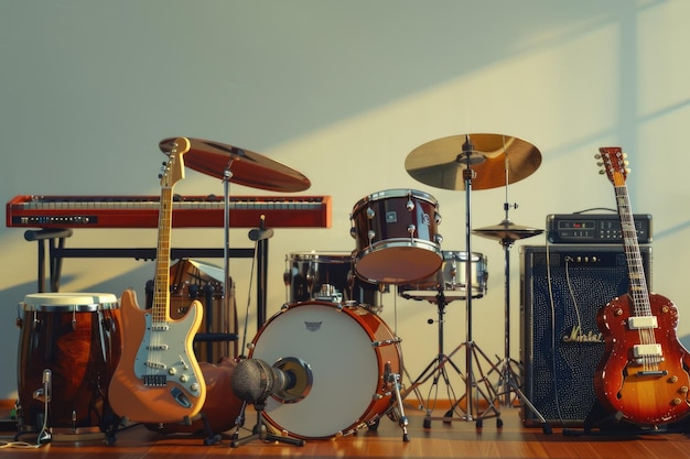 un gruppo di strumenti musicali tra cui un tamburello da chitarra, una tastiera e un tamburellino