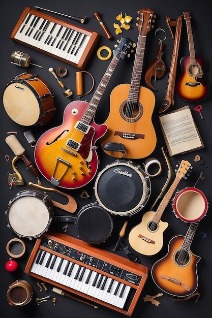 Un gruppo di strumenti musicali tra cui un tamburello da tastiera per tamburello di chitarra