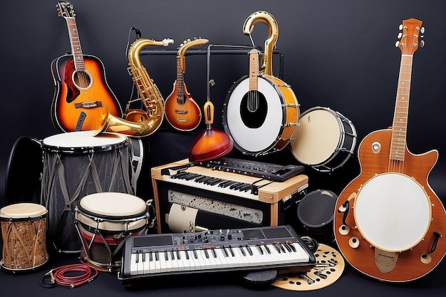 Un gruppo di strumenti musicali tra cui un tamburello da tastiera per tamburello di chitarra