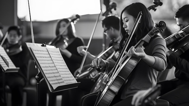 Un gruppo di studenti che suonano il violoncello in classe Creato con la tecnologia dell'IA generativa