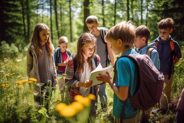 Un gruppo di studenti legge un libro in una foresta.