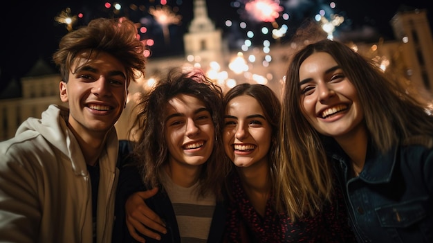 Un gruppo di studenti sorridenti guarda la telecamera per festeggiare l'anno nuovo con gioia sullo sfondo c'è un edificio universitario con fuochi d'artificio colorati