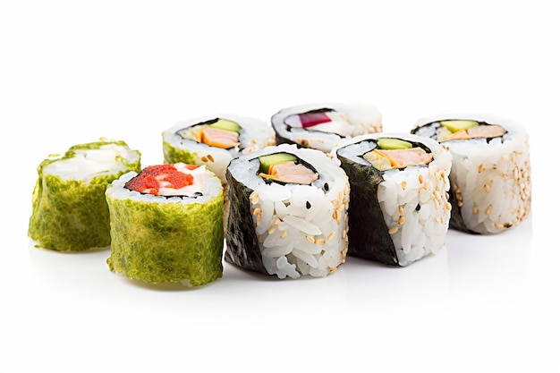 Un gruppo di sushi su uno sfondo bianco