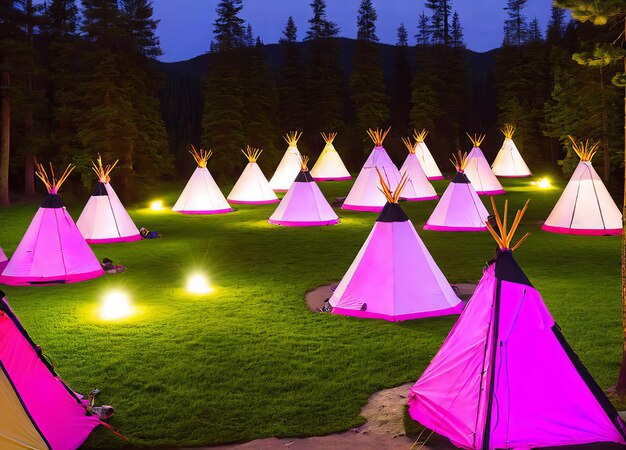 Un gruppo di tepee è illuminato di rosa e viola.