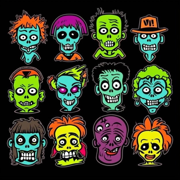 Un gruppo di teste di zombie dei cartoni animati con diversi colori e dimensioni generative ai