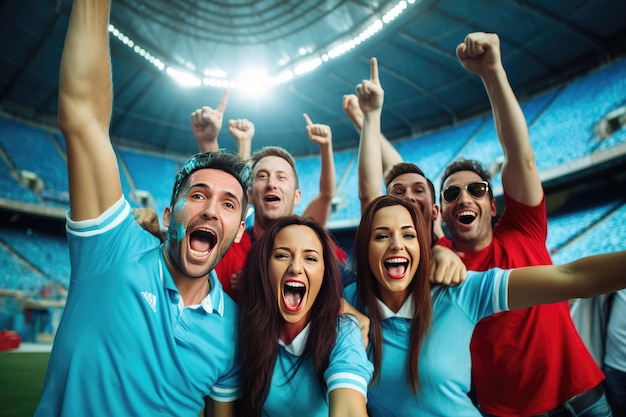 Un gruppo di tifosi di calcio fa il tifo per la maglietta dei colori del mix di vittoria della loro squadra. Ai generativa