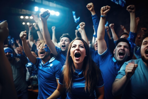 Un gruppo di tifosi di calcio fa il tifo per la maglietta dei colori del mix di vittoria della loro squadra. Ai generativa