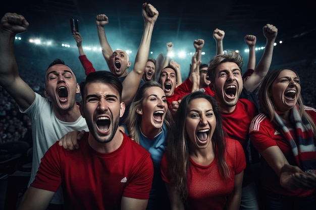 Un gruppo di tifosi di calcio fa il tifo per la maglietta dei colori del mix di vittoria della loro squadra. Ai generativa