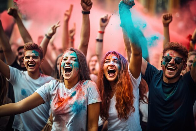 Un gruppo di tifosi di calcio fa il tifo per la maglietta dei colori del mix di vittoria della loro squadra. Ai generativa