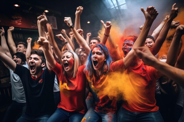 Un gruppo di tifosi di calcio fa il tifo per la maglietta dei colori del mix di vittoria della loro squadra. Ai generativa