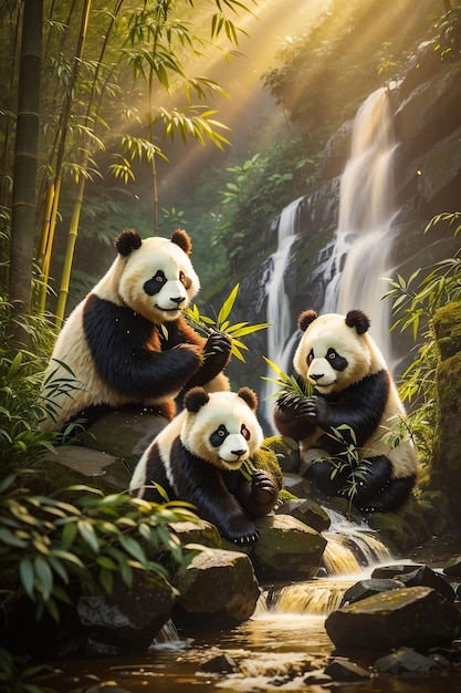 Un gruppo di tre giovani panda