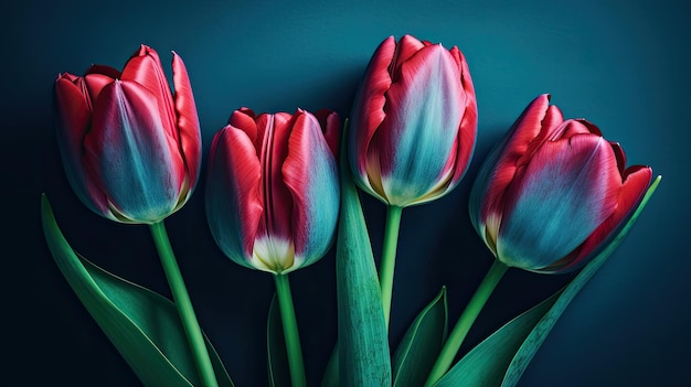 Un gruppo di tulipani rossi, blu e verdi con la parola tulipani sul fondo.