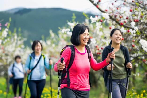 Un gruppo di turisti asiatici adulti mentre camminano lungo i popolari sentieri turistici attraversano il sak in fiore