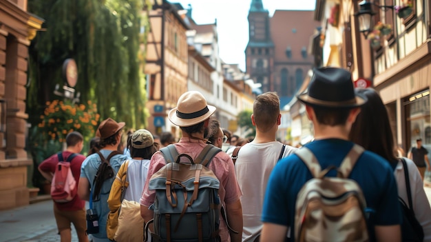 Un gruppo di turisti irriconoscibili che camminano per una strada stretta in una città straniera indossano abiti casuali e portano zaini