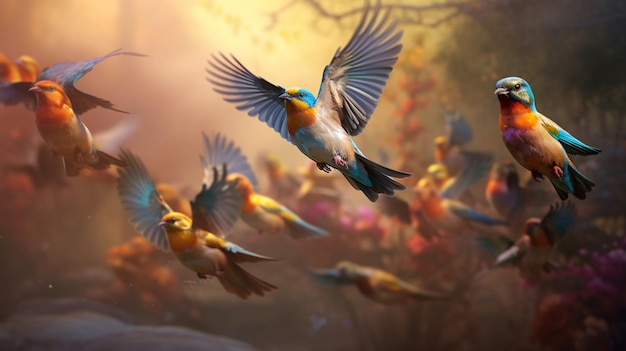 un gruppo di uccelli colorati stanno volando in formazione