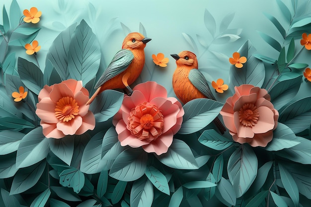Un gruppo di uccelli seduti sopra fiori colorati in una vivace esposizione della natura