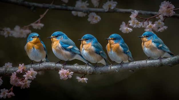 Un gruppo di uccelli si siede su un ramo con fiori di ciliegio sullo sfondo.