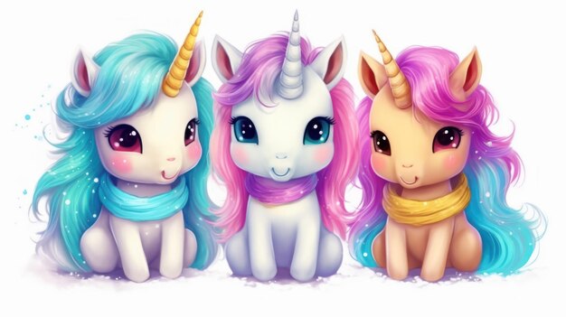 Un gruppo di unicorni con capelli di colore diverso