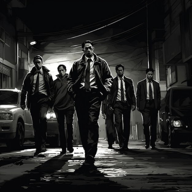 un gruppo di uomini che cammina per strada con uno che indossa una cravatta.