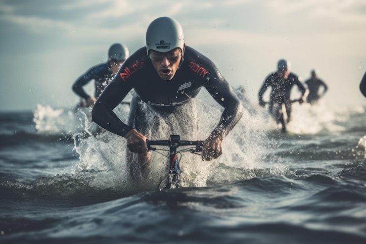 Foto un gruppo di uomini che cavalcano sopra uno specchio d'acqua navigando tra le onde con abilità e precisione atleti che gareggiano in un impegnativo triathlon generato dall'intelligenza artificiale