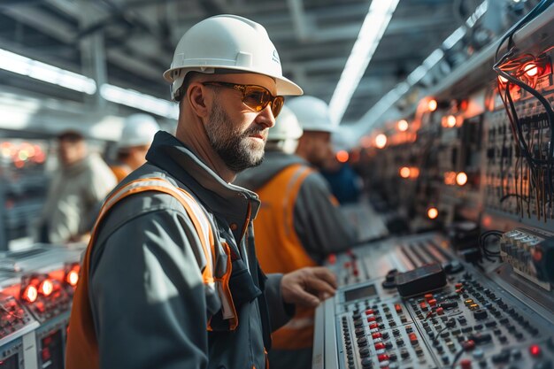 Un gruppo di uomini con caschi lavorano su apparecchiature elettriche