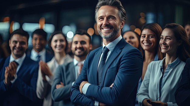 Un gruppo di uomini d'affari che applaudono e sorridono in celebrazione