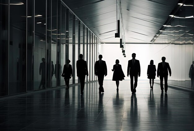 un gruppo di uomini d'affari che cammina in un corridoio vuoto nello stile di immagini eteree