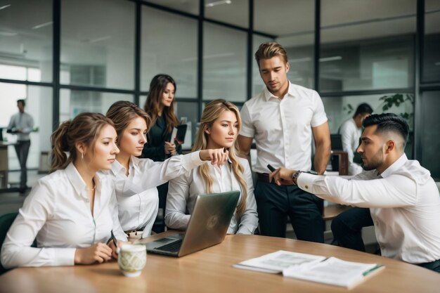 Un gruppo di uomini d'affari che lavorano e comunicano seduti insieme in ufficio