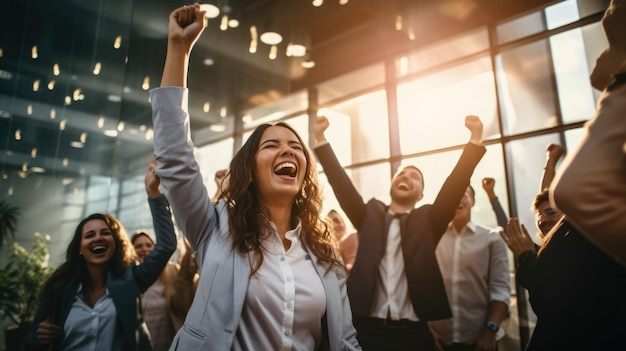 Un gruppo di uomini d'affari e dipendenti entusiasti celebrano i risultati raggiunti lavorando insieme Lavoro di squadra riuscito Buone notizie per il bonus Congratulazioni al collega per i risultati aziendali