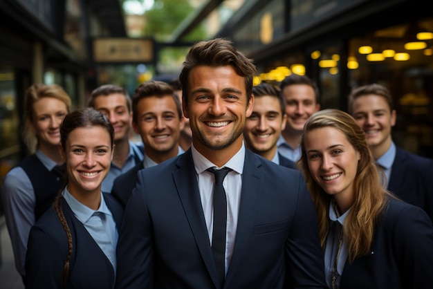 un gruppo di uomini d'affari felici e donne d'affare vestite di abiti stanno sorridendo in ufficio